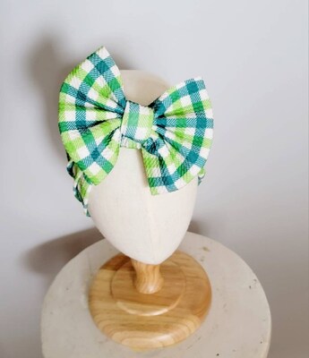 Green Plaid Knit Hair Bow - Headwrap - Clip - Pigtail - Headband - Saint Patrick - Good Luck - St Patty - Green - Tartan - Lime - image1